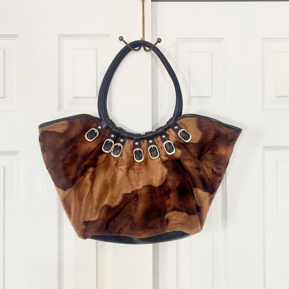Large Chunky Boho Buckle Pony / Cow Print Faux Fur Shoulder Bag / Tote